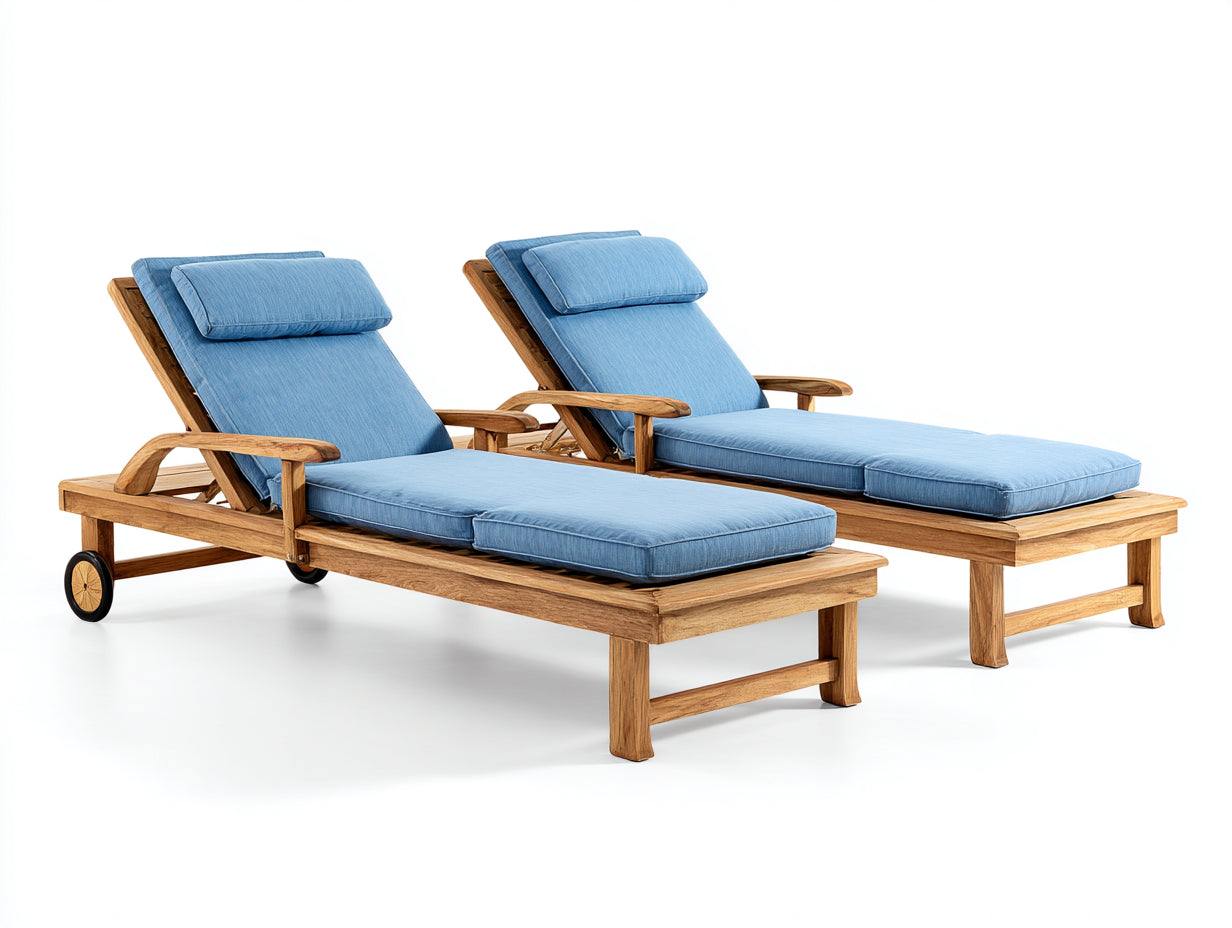 Tumbonas de madera maciza y tejido 205 x 74 x 94 cm - madera natural y azul claro - para jardín y terraza - juego de 2 con ruedas y respaldo reclinable