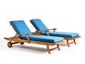 Tumbonas de madera maciza y tejido 205 x 72 x 94 cm - madera natural y azul - para jardín y terraza - juego de 2 con ruedas y respaldo reclinable