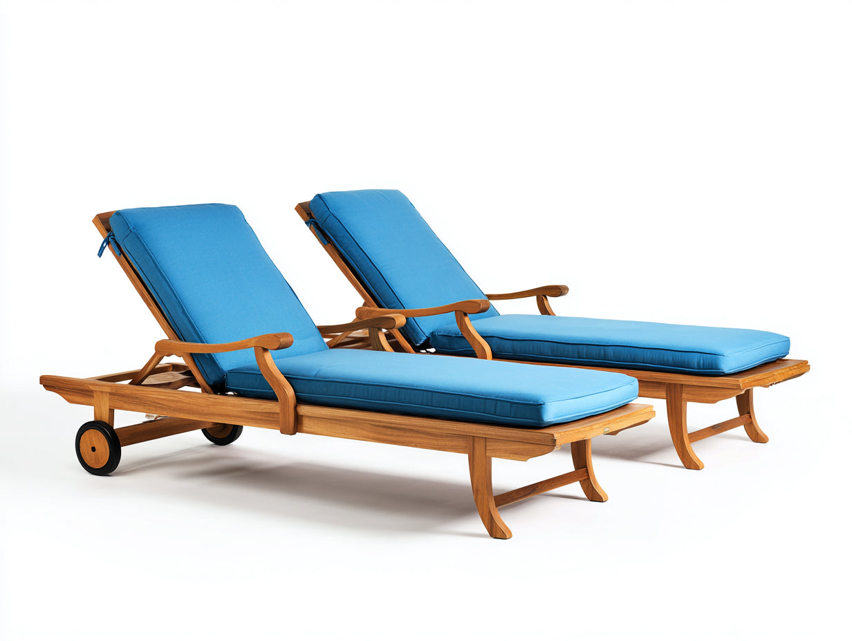 Tumbonas de madera maciza y tejido 205 x 72 x 94 cm - madera natural y azul - para jardín y terraza - juego de 2 con ruedas y respaldo reclinable