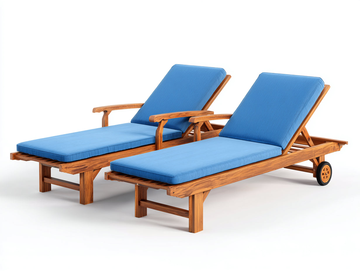 Tumbonas de madera maciza y tejido 202 x 71 x 90 cm - madera natural y azul intenso - para jardín y terraza - juego de 2 con reposabrazos ruedas y respaldo reclinable