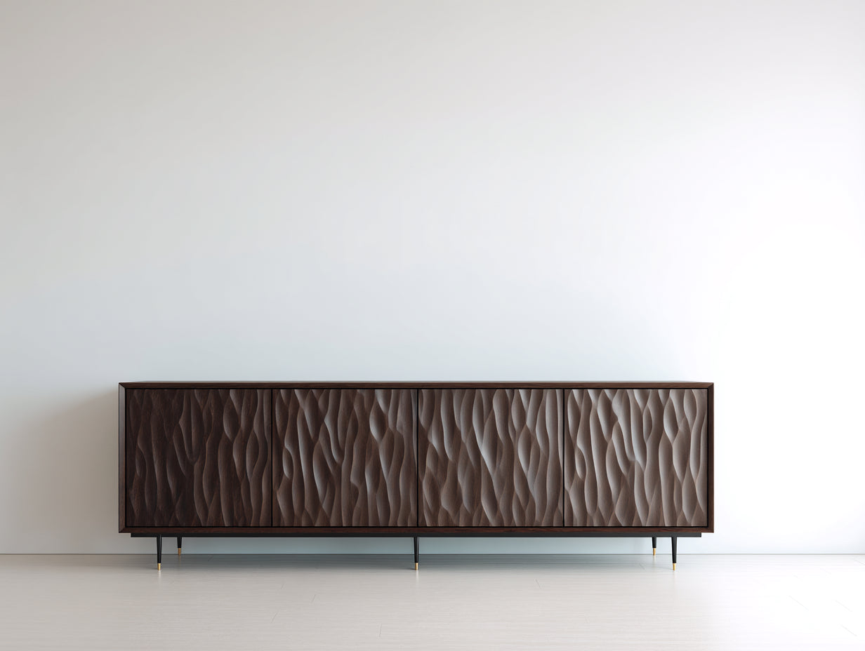 Mueble recibidor de madera con 4 puertas 200x40x75 cm - marrón oscuro negro y dorado - diseño moderno con frentes en relieve