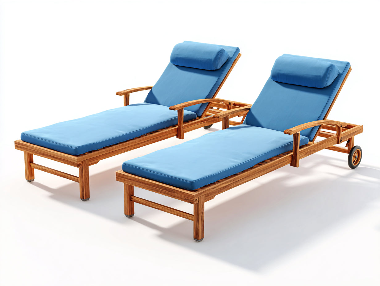 Tumbona Tumbonas de madera con ruedas 205x75x92 cm - madera natural y azul - conjunto de 2 reclinables con brazos
