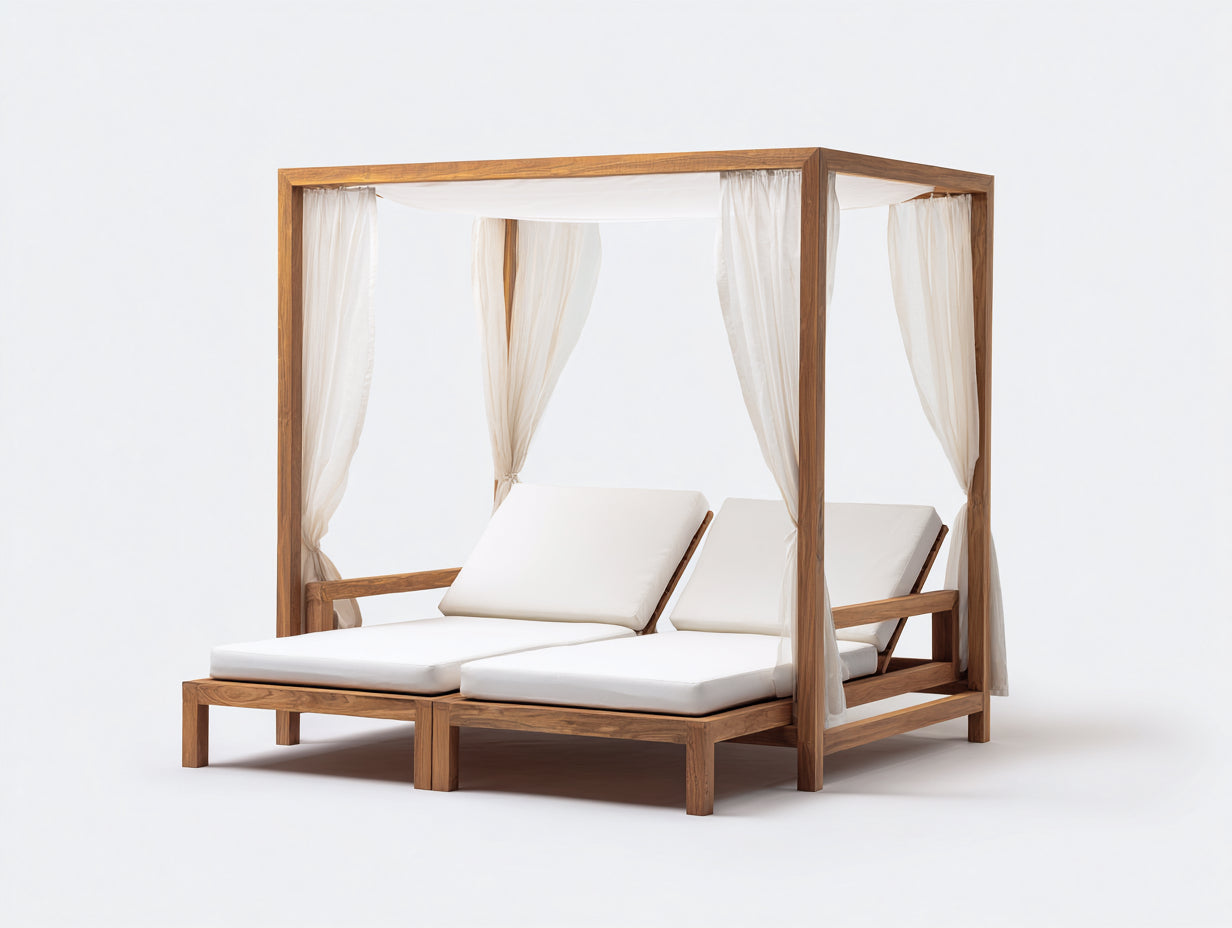Tumbonas dobles de madera maciza y tejido 210 x 180 x 220 cm - madera natural y blanco - para jardín y terraza - dosel con cortinas y respaldos reclinables