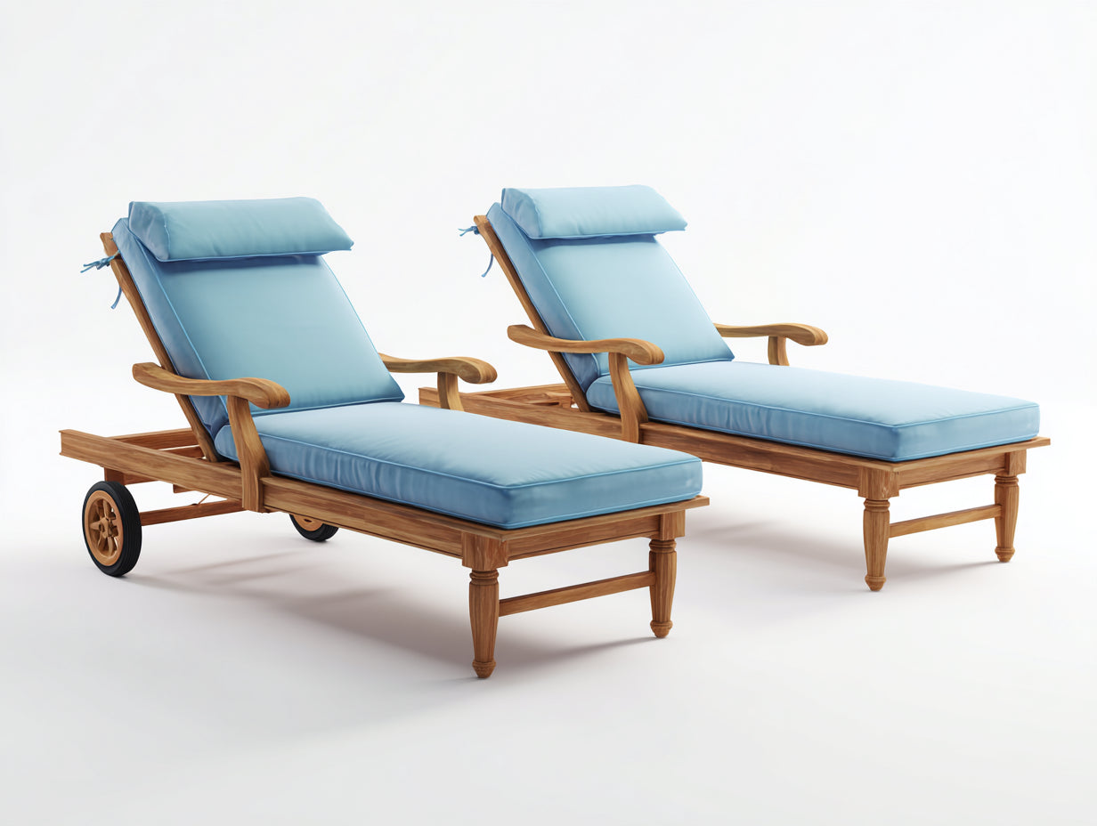 Tumbonas de jardín de madera con cojines 200x72x95 cm - azul claro y madera natural - set de 2 con respaldo reclinable