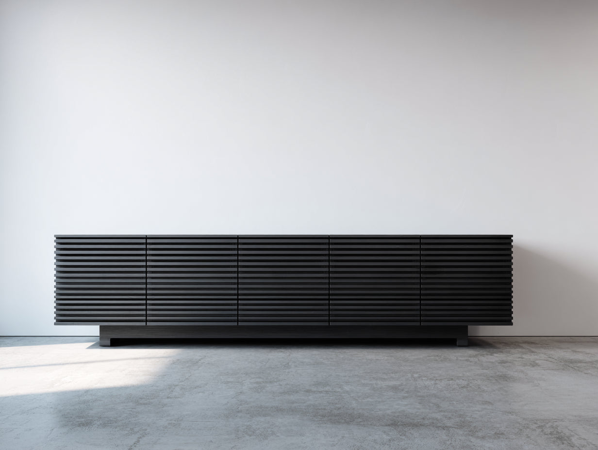 Mueble recibidor de madera de ingeniería 220 x 42 x 65 cm - negro - para recibidor y salón - 5 puertas de listones y diseño moderno