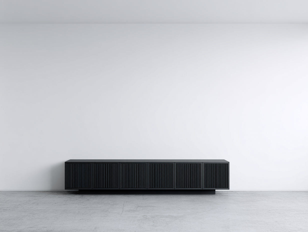Mueble recibidor de madera con 6 puertas 240x42x60 cm - negro - diseño moderno con frentes acanalados verticales