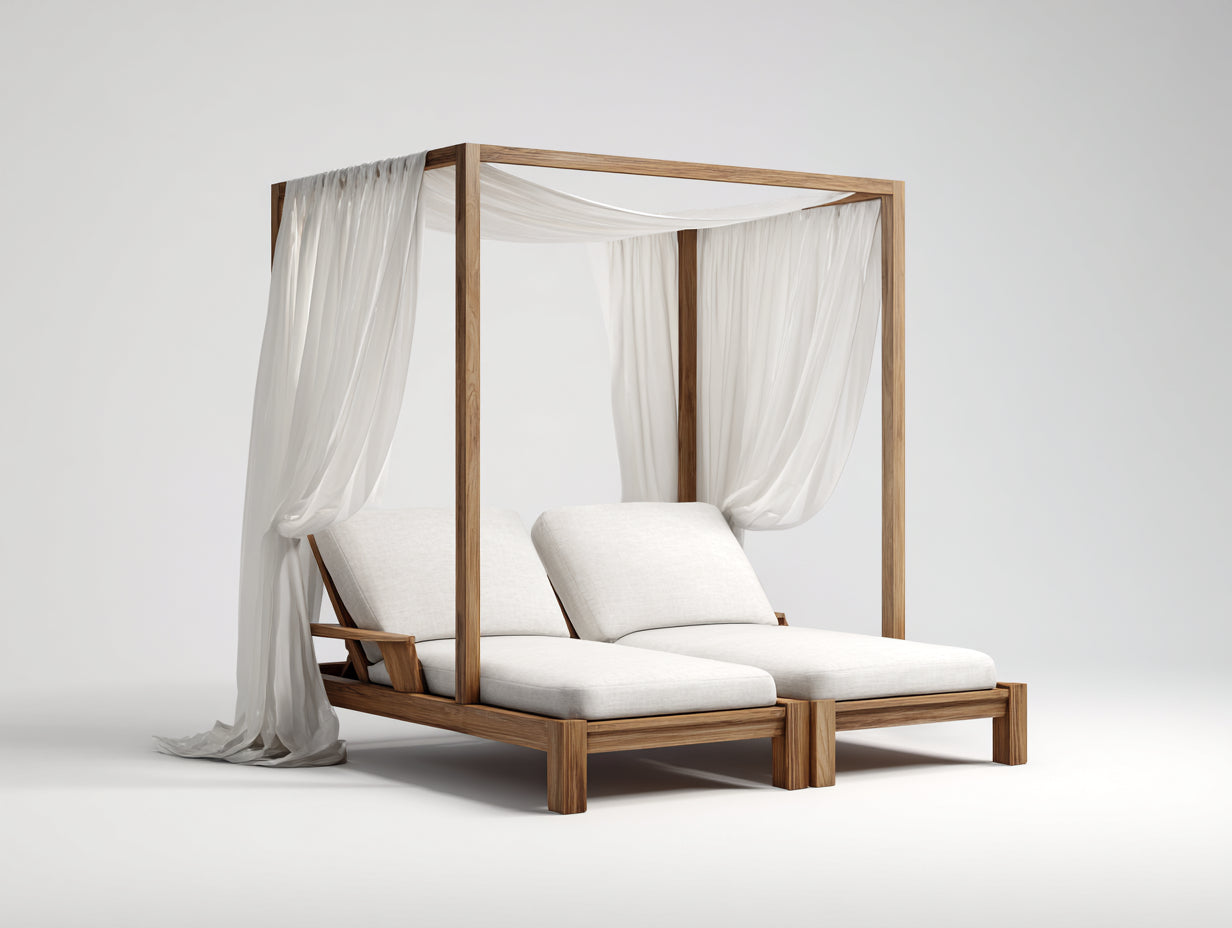 Tumbona Tumbonas doble de madera con dosel 220x200x200 cm - madera natural y blanco crema - diseño exterior reclinable