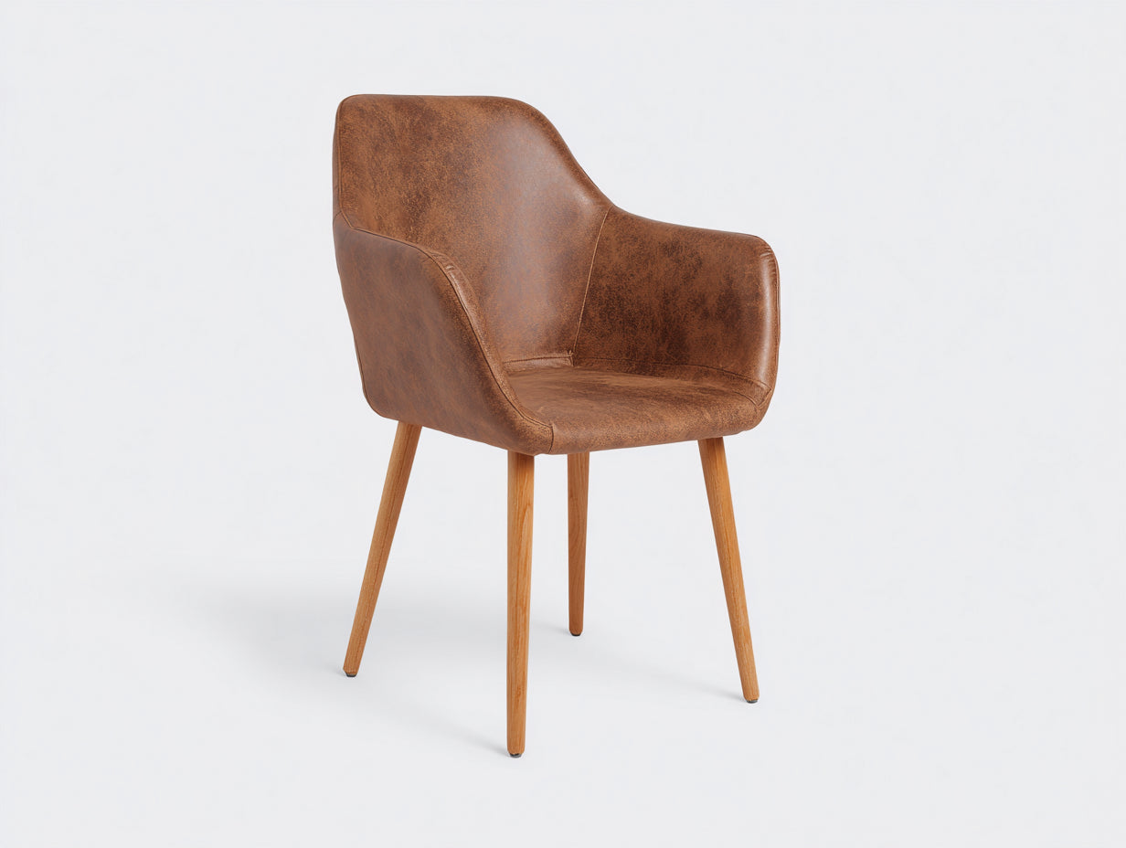 Silla de comedor Sillas de comedor tapizada en piel sintética 58x60x78 cm - marrón coñac y madera natural - diseño envolvente con brazos