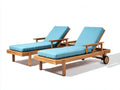 Tumbonas de madera maciza y tejido 200 x 70 x 88 cm - madera natural y azul turquesa - para jardín y terraza - juego de 2 con ruedas y respaldo reclinable