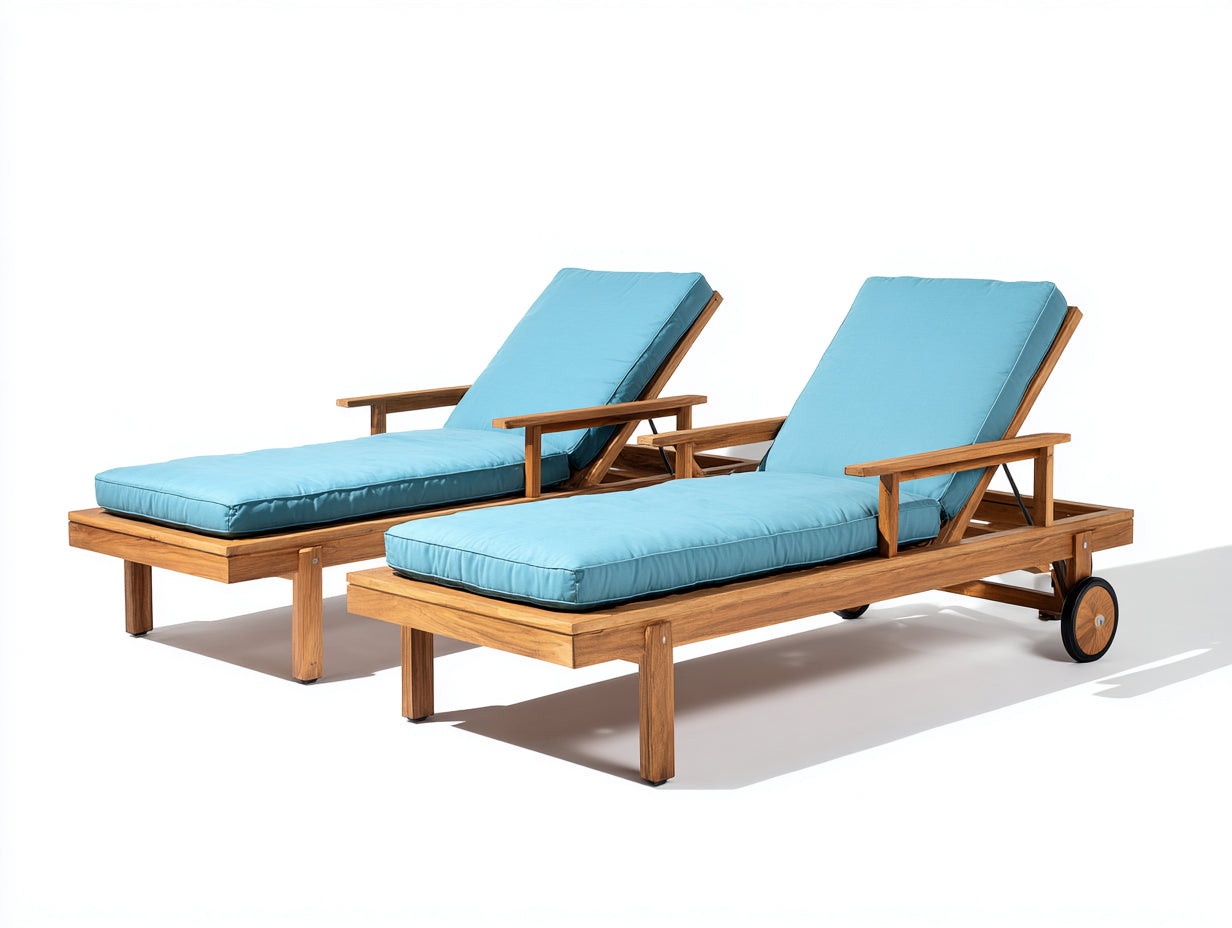 Tumbonas de madera maciza y tejido 200 x 70 x 88 cm - madera natural y azul turquesa - para jardín y terraza - juego de 2 con ruedas y respaldo reclinable