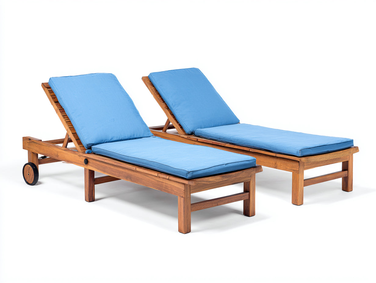 Tumbonas de madera maciza y tejido 200 x 68 x 88 cm - madera natural y azul claro - para jardín y terraza - juego de 2 con ruedas y respaldo reclinable