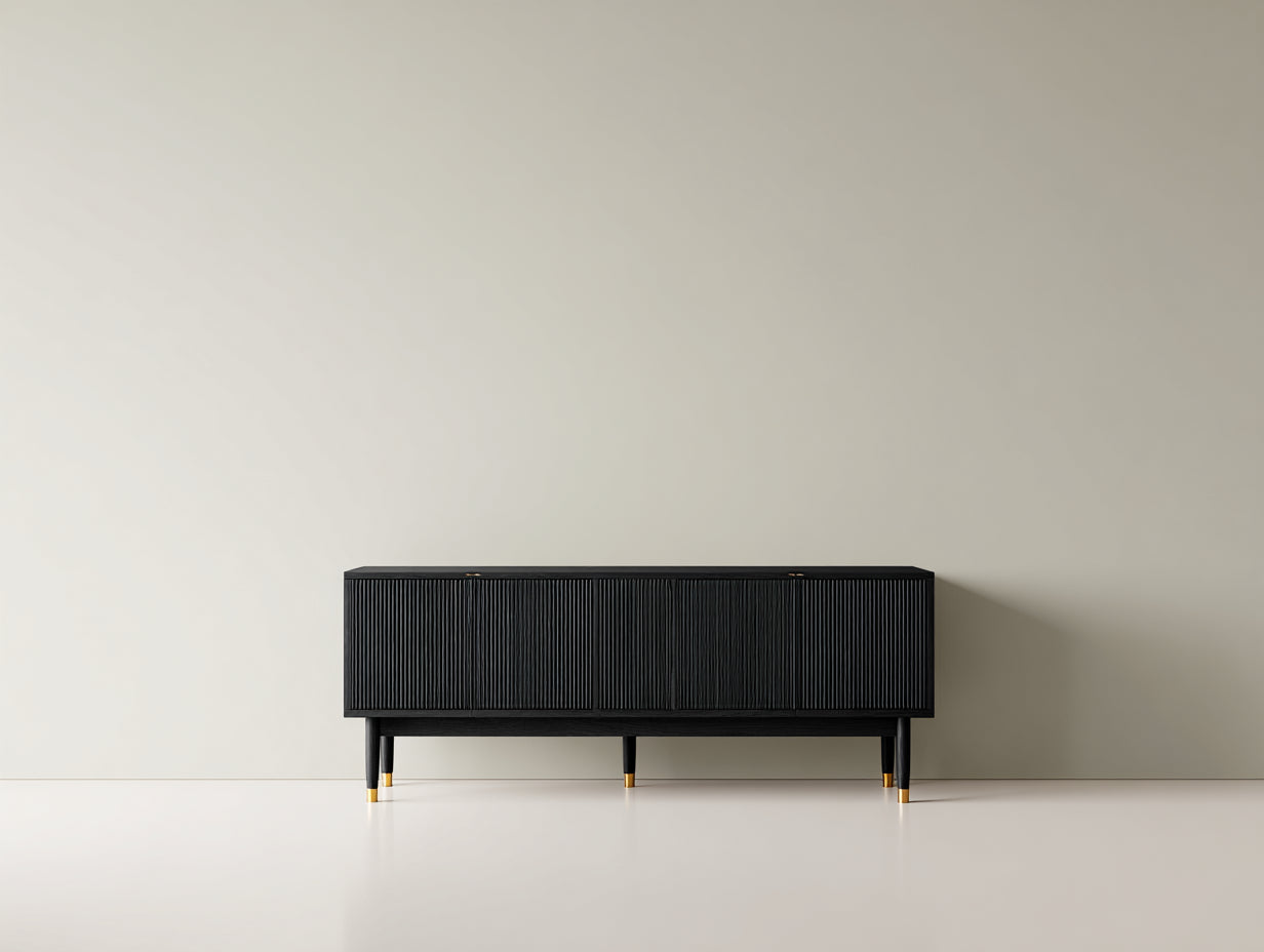 Mueble recibidor Mueble recibidor de madera 180x40x70 cm - negro y latón - diseño moderno con 4 puertas acanaladas