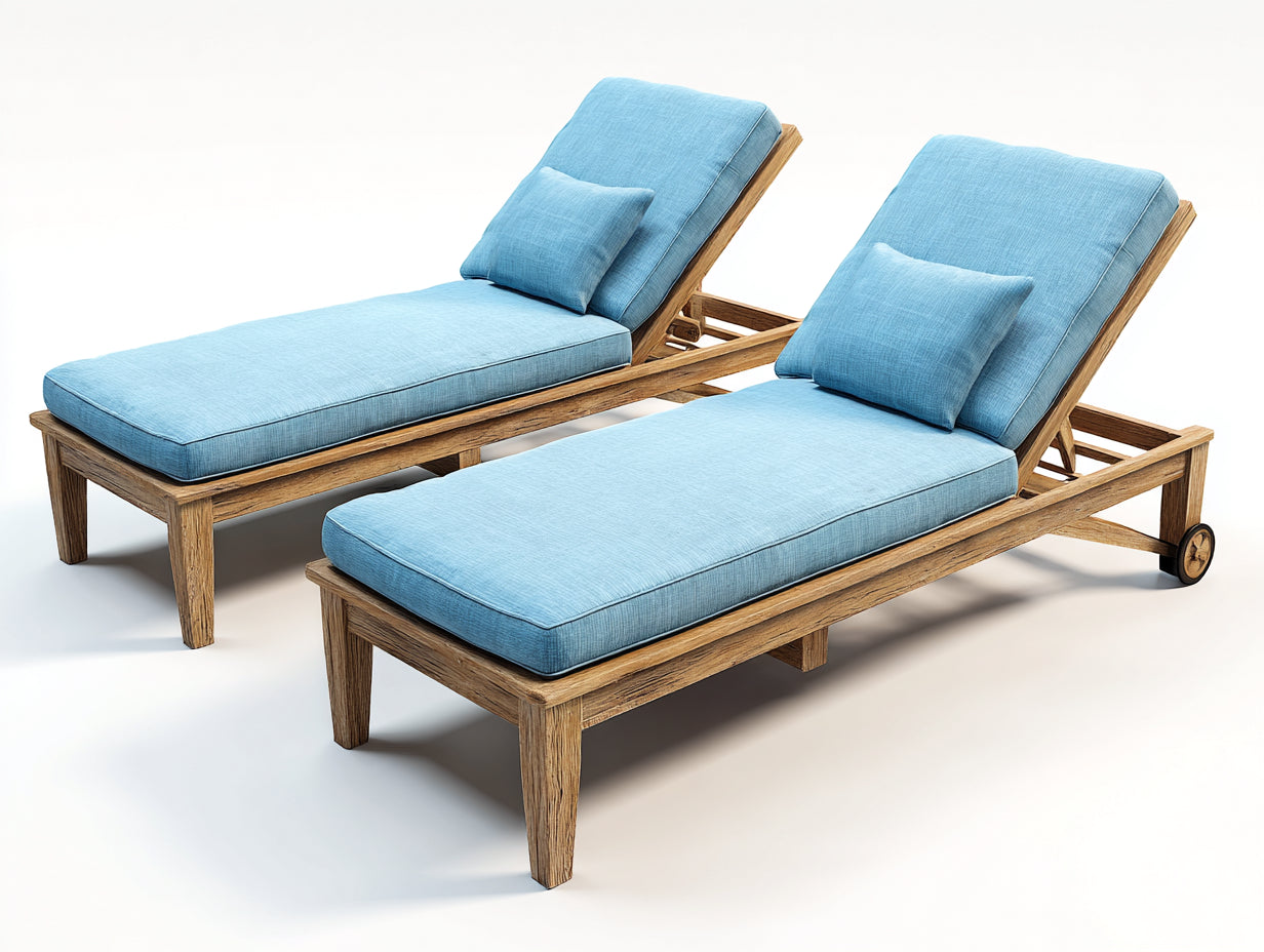 Tumbonas de jardín de madera con colchonetas 200x75x92 cm - azul claro y marrón natural - set de 2 con respaldo reclinable y ruedas