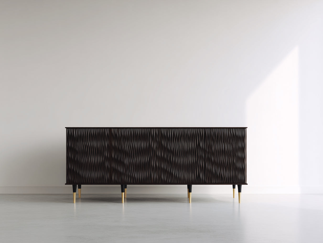 Mueble recibidor Mueble recibidor de madera 180x40x75 cm - negro y latón - diseño moderno con 4 puertas texturizadas