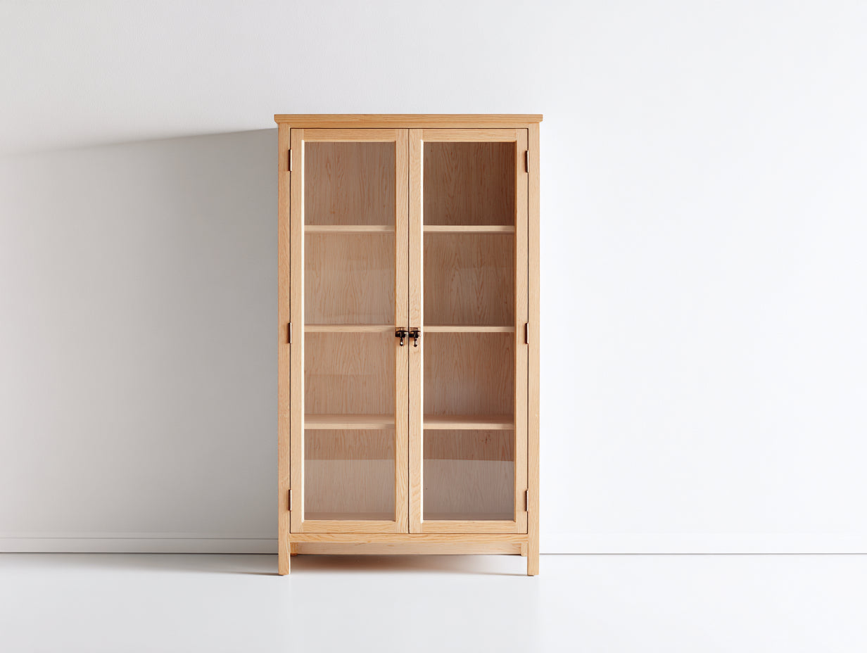 Estanterías de madera maciza y vidrio 90 x 42 x 180 cm - roble natural - para salón y comedor - 2 puertas de cristal y diseño clásico