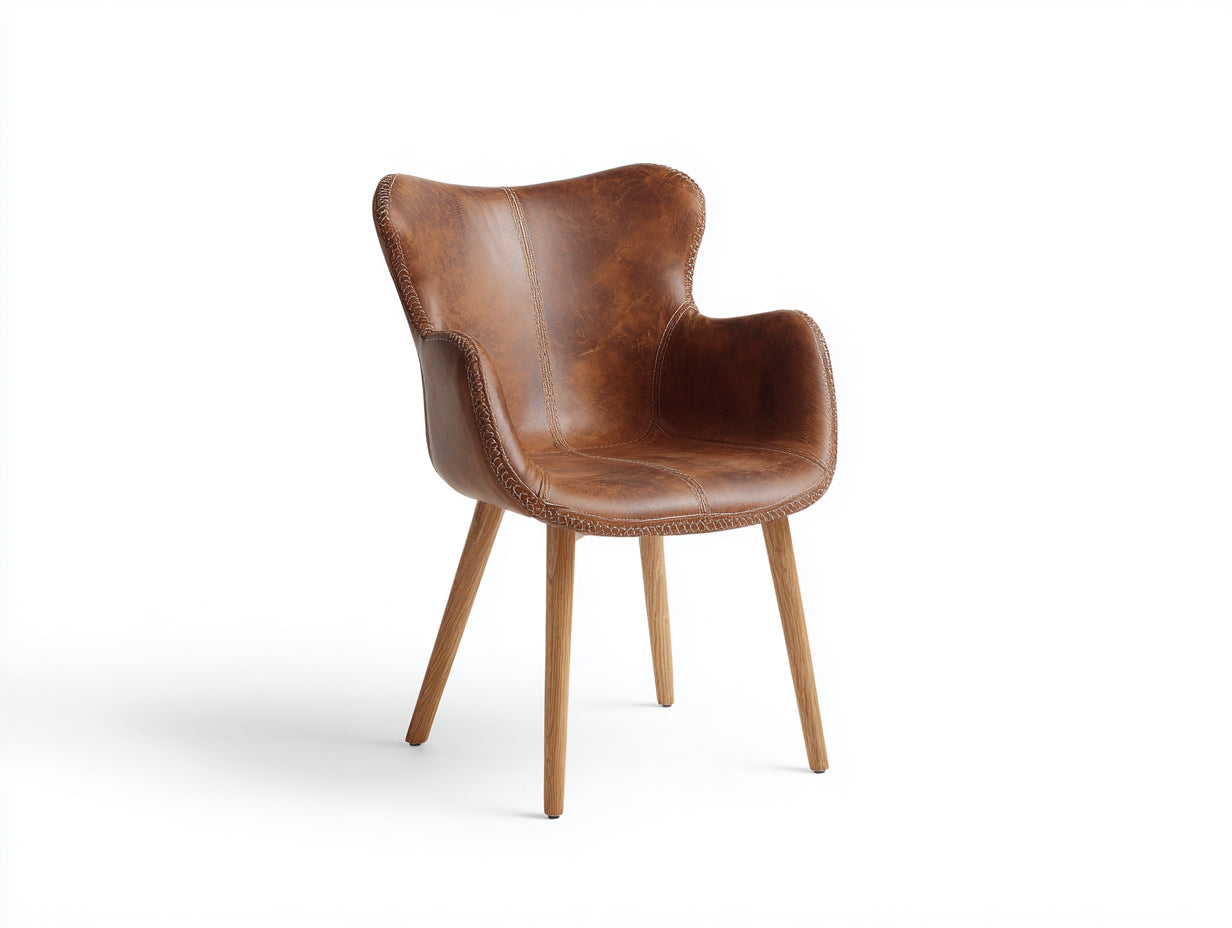 Sillas de comedor tapizadas en piel sintética y madera maciza 62 x 60 x 88 cm - marrón coñac y madera natural - para comedor - respaldo envolvente y reposabrazos integrados