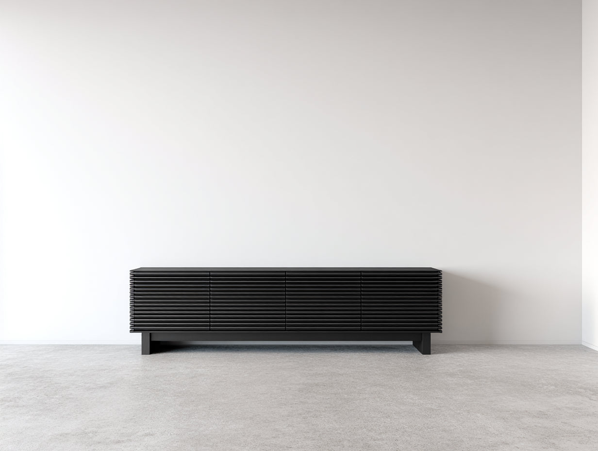 Mueble recibidor de madera de ingeniería 180 x 42 x 62 cm - negro - para recibidor y salón - 4 puertas de listones y diseño minimalista