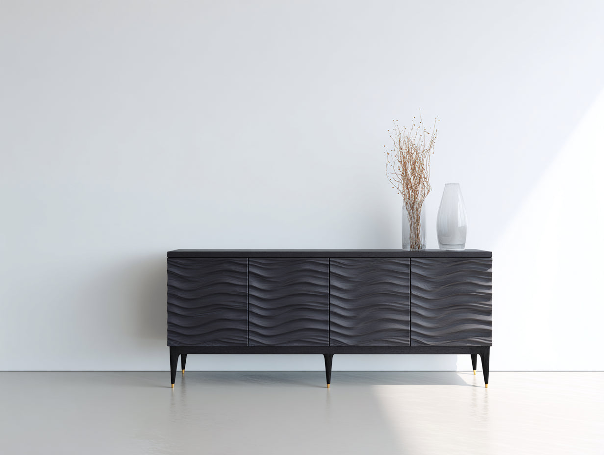 Mueble recibidor con 4 puertas 180 x 42 x 82 cm - Negro y gris antracita - Diseño moderno con frentes ondulados para entrada y salón