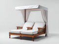 Tumbonas dobles de madera con dosel 210x170x205 cm - blanco y marrón natural - respaldos reclinables con cortinas laterales