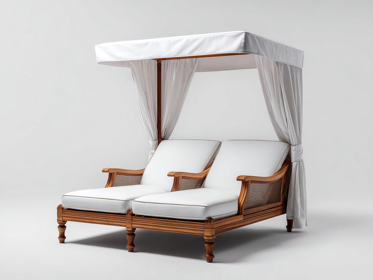 Tumbonas dobles de madera con dosel 210x170x205 cm - blanco y marrón natural - respaldos reclinables con cortinas laterales