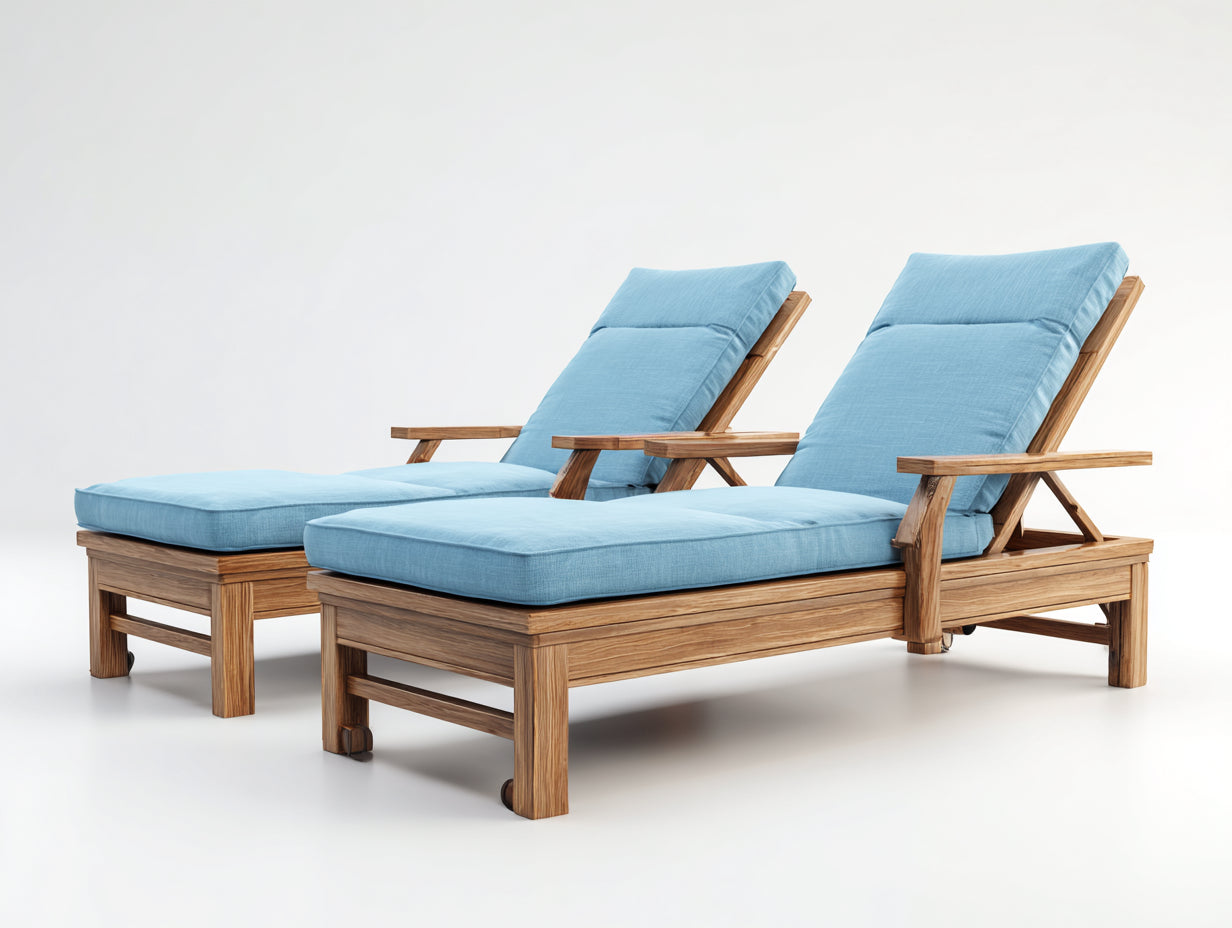 Tumbonas de jardín de madera con colchonetas 200x75x92 cm - azul claro y madera natural - set de 2 con respaldo reclinable y ruedas