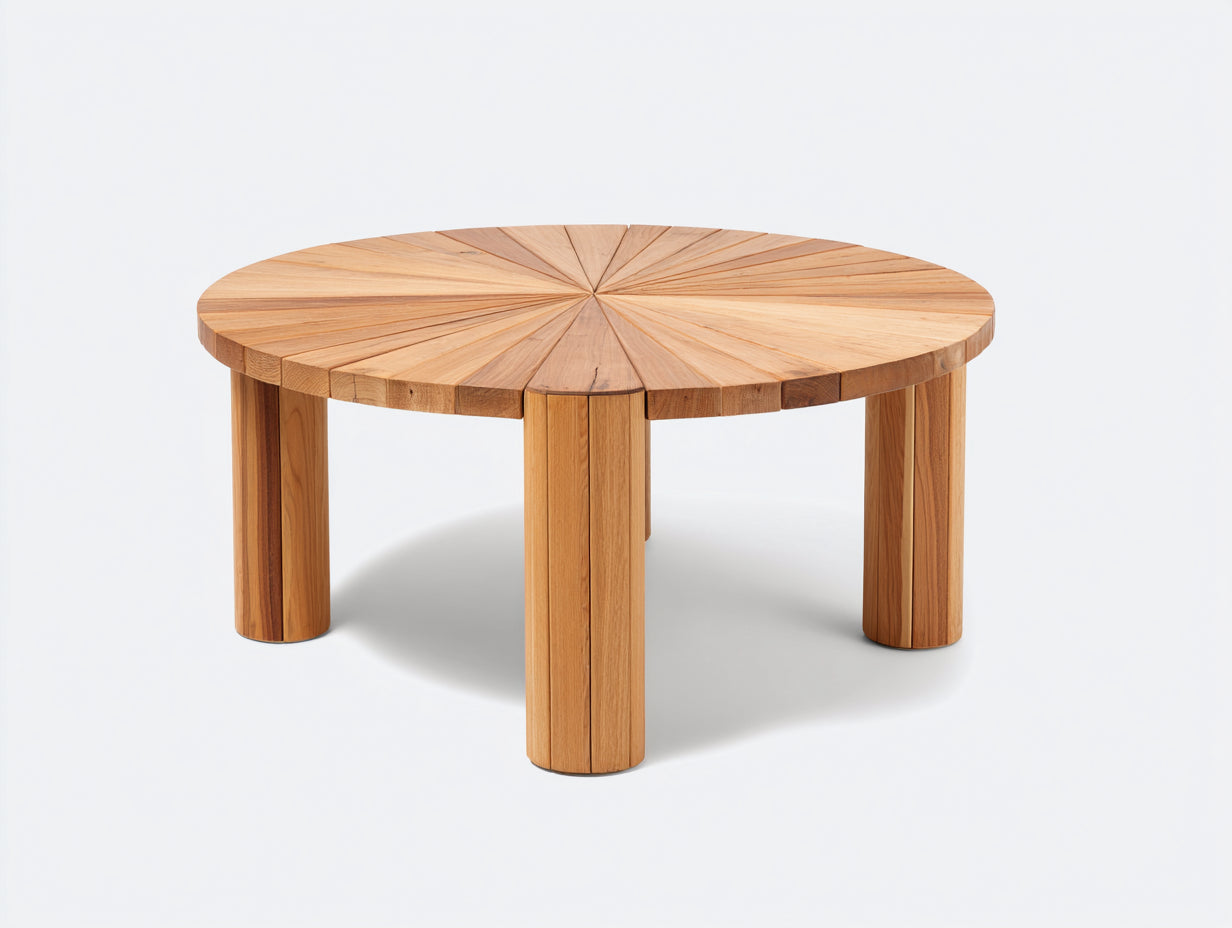 Mesas de jardín redondas de madera maciza 140 x 140 x 75 cm - madera natural - para jardín y terraza - tablero radial y 4 patas cilíndricas