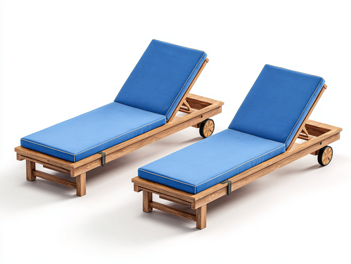 Tumbona Tumbonas de madera con ruedas 205x70x85 cm - madera natural y azul - conjunto de 2 reclinables
