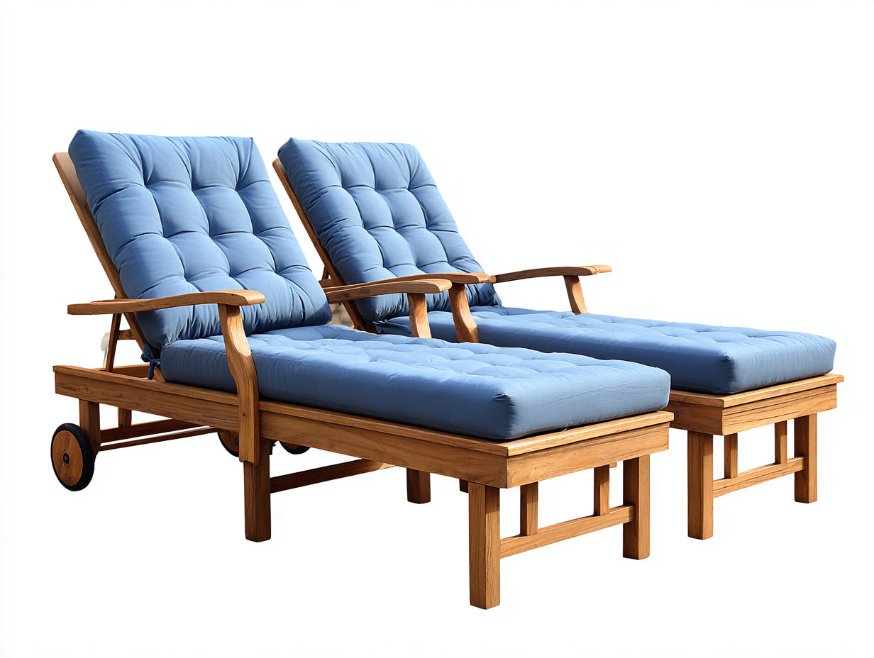 Tumbona Tumbonas de madera con ruedas 205x75x90 cm - madera natural y azul - set de 2 reclinables con brazos