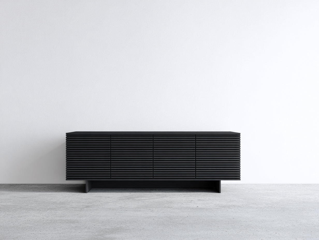 Mueble recibidor de madera con 4 puertas 180x40x65 cm - negro - diseño moderno con frentes acanalados horizontales