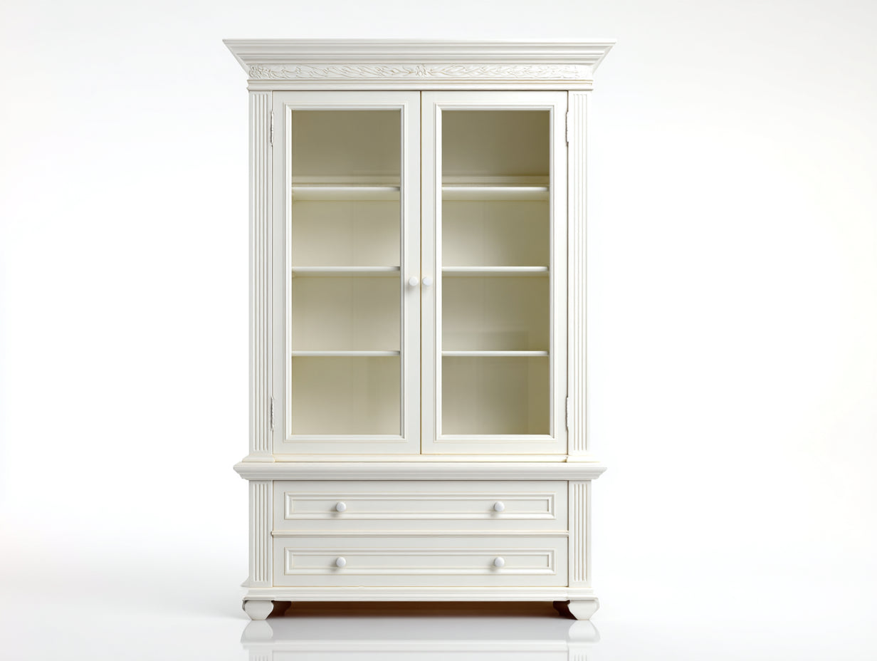Estanterías de madera de ingeniería y vidrio 105 x 45 x 210 cm - blanco marfil - para salón y comedor - 2 puertas de cristal 2 cajones y diseño clásico